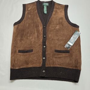 Vtg Lauren Ralph Lauren Leather Merino Wool Rabbit Cashmere Blend Sweater Vest